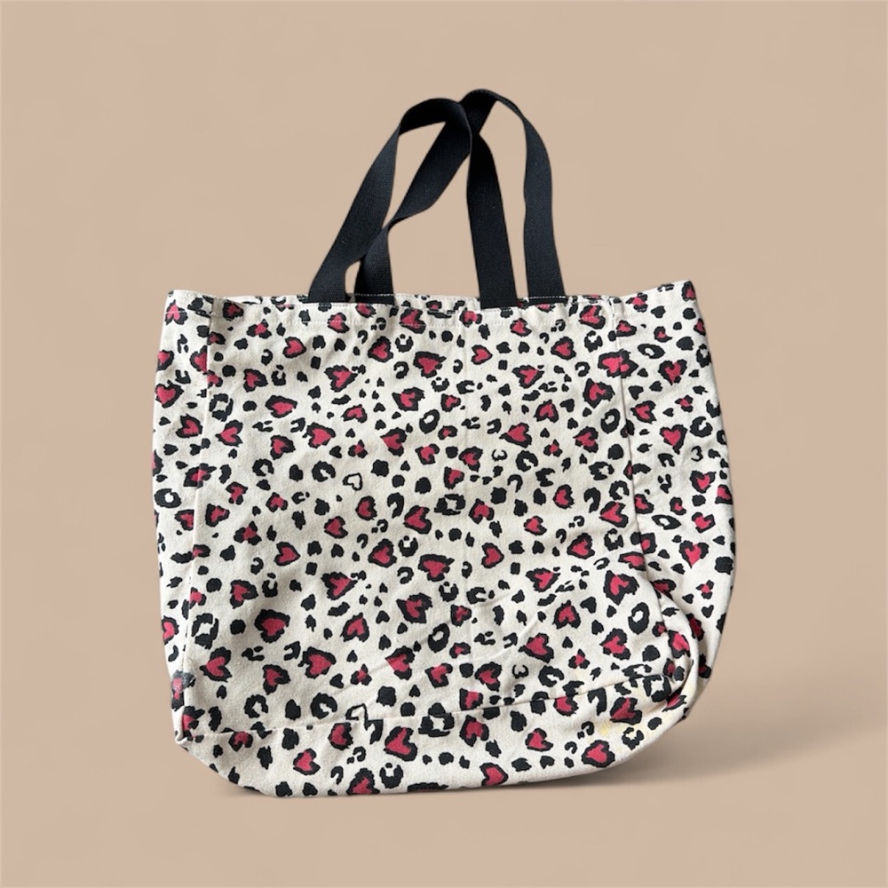 Leopard Print Canvas Tote Bag with Pink Hearts